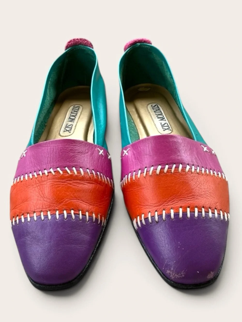 Vintage 90s Colorblock Leather Loafers Size 7.5 Bold Retro Statement